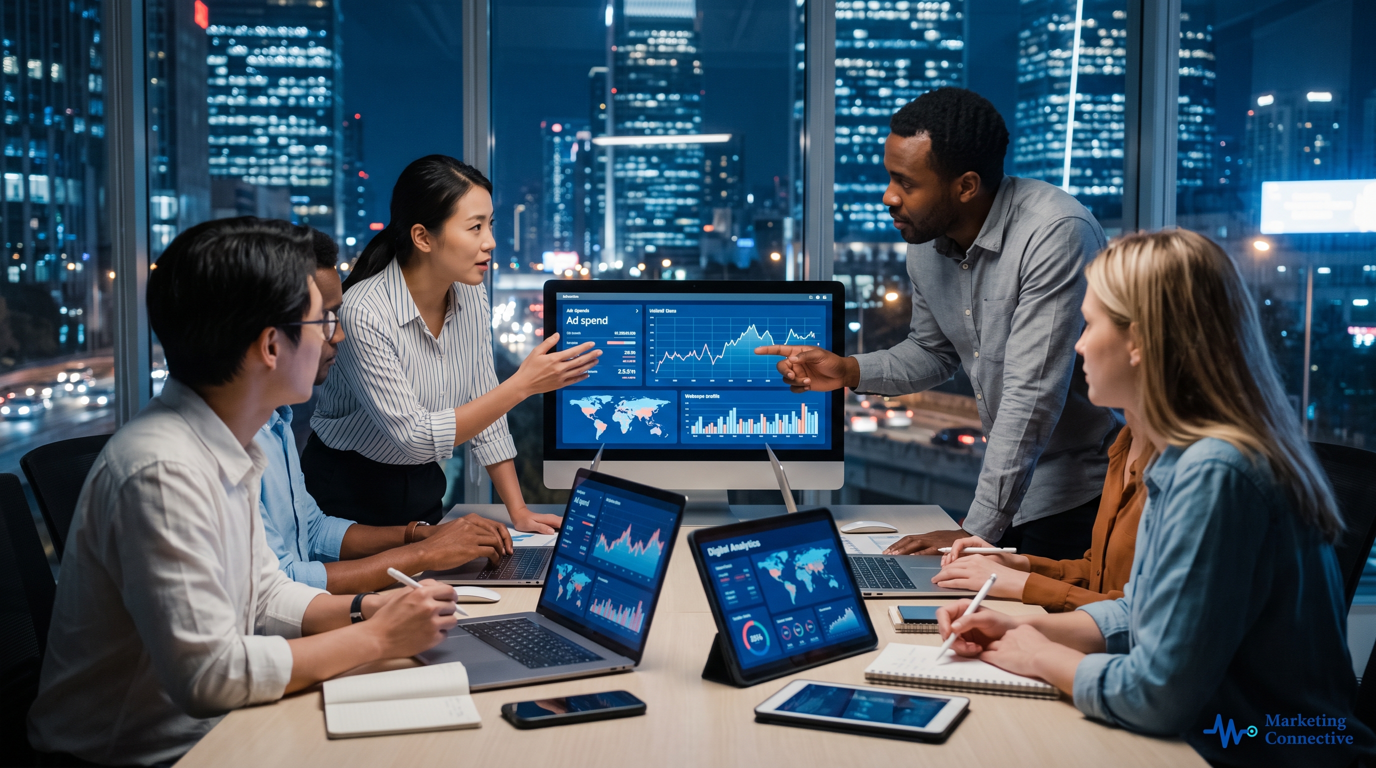 Dual monitors showing global metrics and time zones on a clean desk.