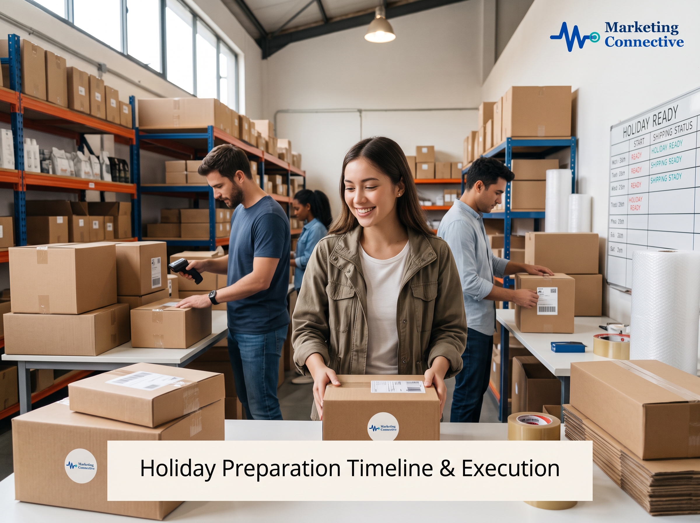 A modern workspace prepared for holiday e-commerce campaign planning.