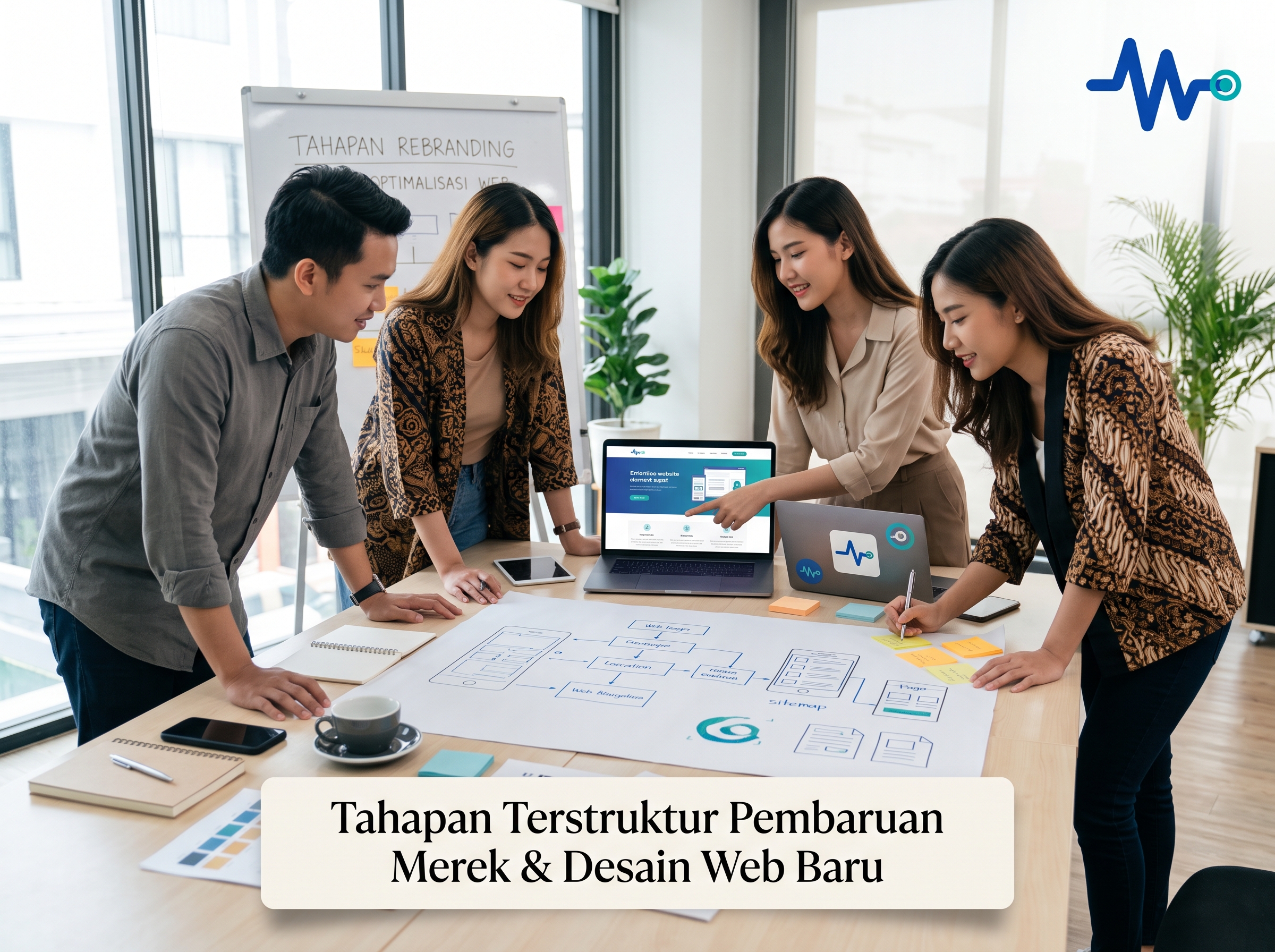 Tim bisnis melakukan analisis dan perencanaan rebranding perusahaan di meja kerja.